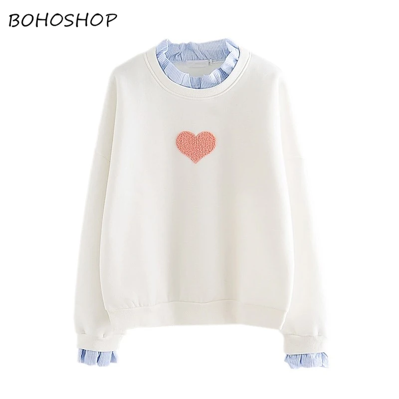 

Harajuku kawaii vintage women cute heart emberoidery pullover hoodies ruffled sleeve o-neck cotton tops sweatshirts female