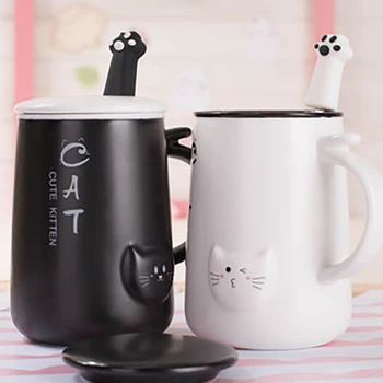 

Creative Simple Cat Cup Coffee Cup Set Cappuccino Ceramics Cups Cover Pink Chinese Set Crockery Home Drinking Bottles 5B027