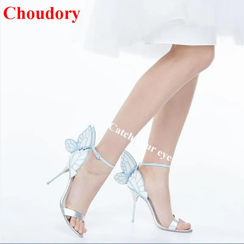 

Ice Blue Chiara Angel Wing Bridal Sandals Women Patent Leather Metallic Stiletto Heel Ankle Strap Woman Butterfly Wedding Shoes