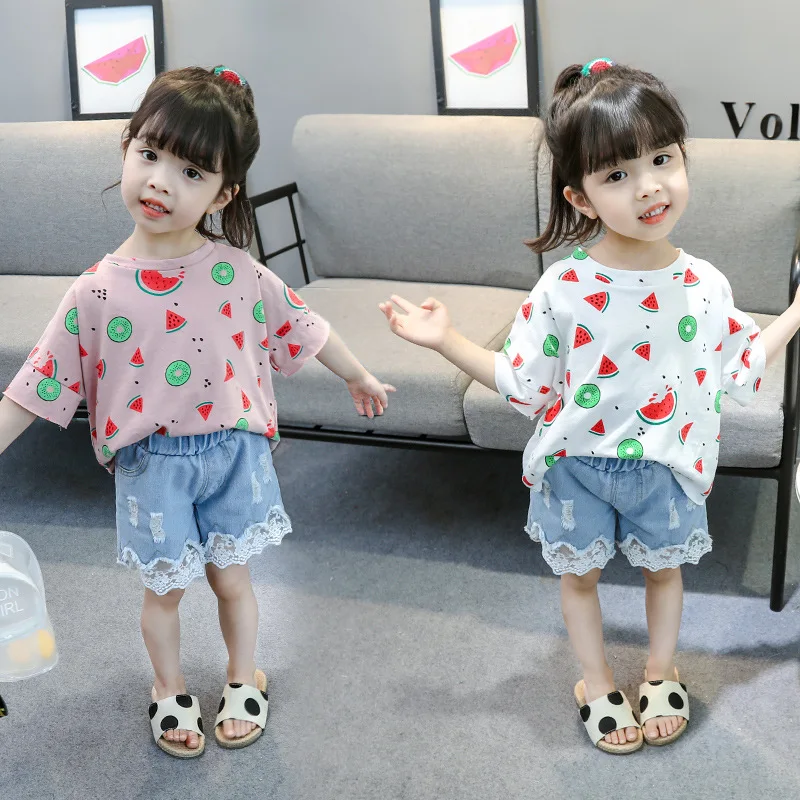 

Summer 2019 Girls Suit Baby Girls Fruit Watermelon Printed Cotton Short Sleeve Girls Jeans Embroidery Shorts 1T-2T-3T-4T-5T-6T