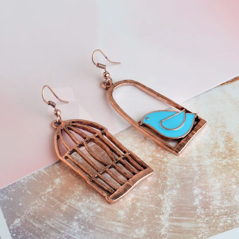 Fashion Bird And Bird-Cage Asymmetric Drop Earrings blue Oil Bird simple For Women Alloy Bird Cage Dangle Brincos ear Earrings