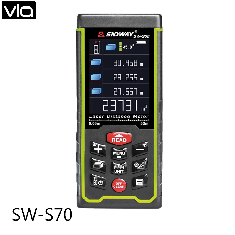 

SW-S70 Direct Factory Color display Rechargeable 70m Laser distance meter Rangefinder Tape with Bubble Level measure Area/Volume