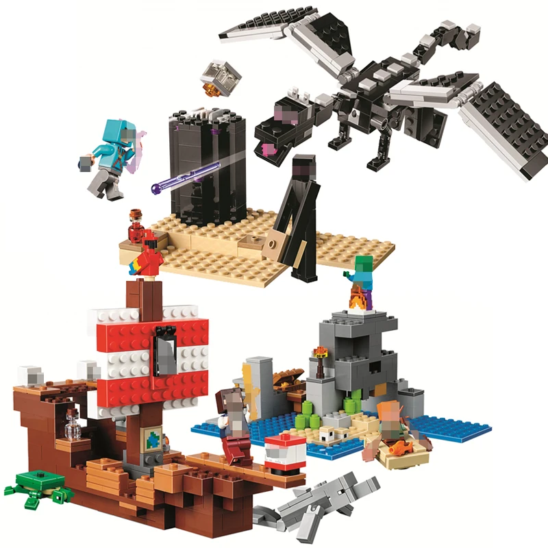 

New My World The End Battle Pirate Ship Building Blocks Compatible Legoing Minecrafted Aminal Alex Action Figures Brick Kid Toys