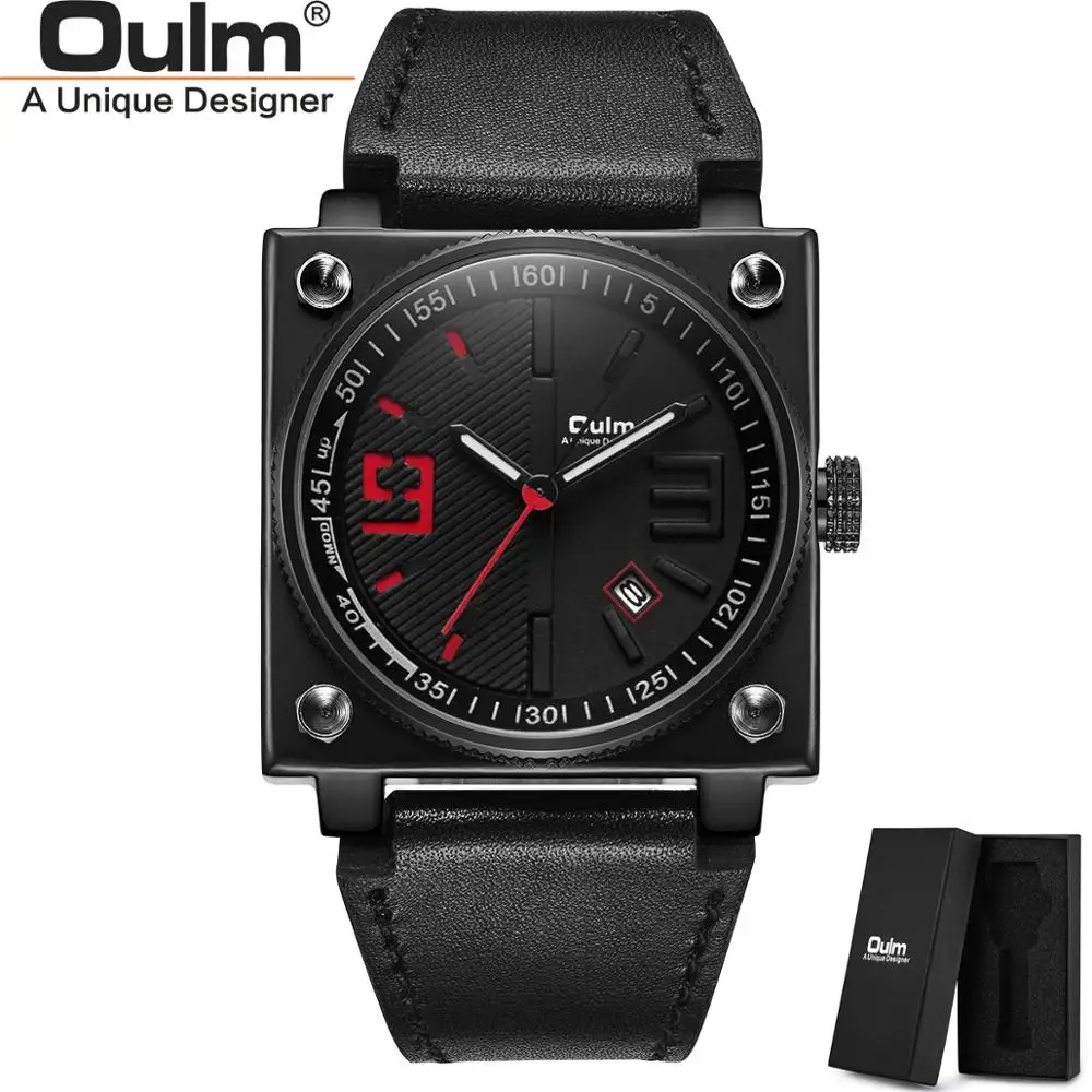 

Oulm Genuine Leather Strap Wristwatch HP8055 Men's Casual Calendar Quartz Watch Square Dial Male Sport Clock