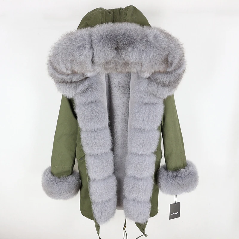 Brand Real Fur Coat Fashion Winter Jacket Women Natural Real Fox Fur Collar Loose Long Parkas Big Fur Outerwear Detachable - Цвет: green grey