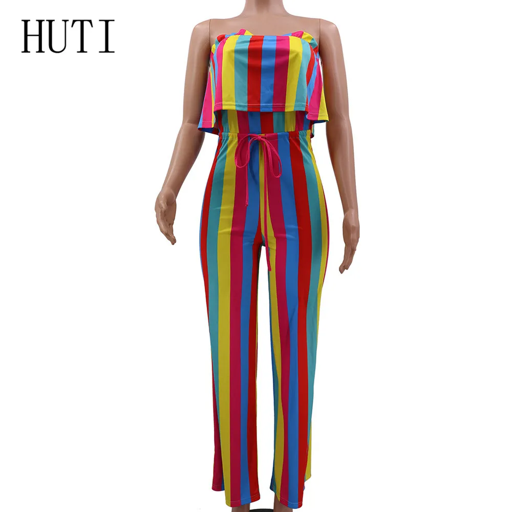 HUTI Net Red Explosion Wide Leg Pants Women Trousers Fashion Striped Wrapped Chest Jumpsuits Elegant Vintage Casual Playsuits HUTI Net Red Explosion Wide Leg Pants Women Trousers Fashion Striped Wrapped Chest Jumpsuits Elegant Vintage Casual Playsuits
