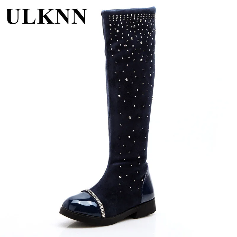 

ULKNN Girls Boots Long High Over Knee Boots Wedge Crystal Black Blue Rivet For Kids Children Shoes Zipper enfant bota menina