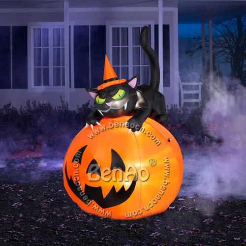 h019 3mh inflatable halloween decoration pumpkin with black cat on it spider with lights outdoor