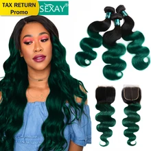 Mèches naturelles Remy Avec Closure, cheveux brésiliens, deux tons, ombré 1B/vert, Tissage, lot de 3
