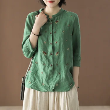Летняя хлопковая льняная рубашка женская с коротким рукавом Свободная с рукавом три четверти Женская Mori Girl модная блузка YoYiKamomo - Цвет: Зеленый