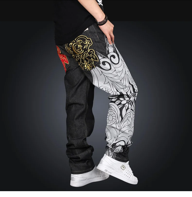 Men's Spring Summer Hip Hop Loose Printed High End Mid Waist Jeans Male