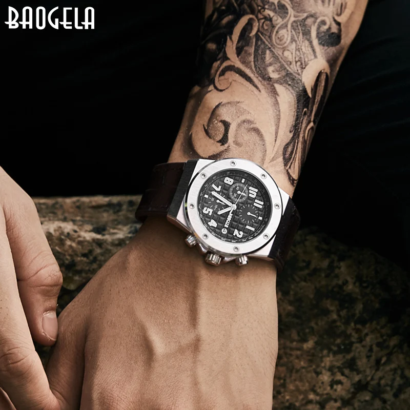 BAOGELA часы синхронизации мужские спортивные часы кварцевые часы кожаный бренд индикатор даты водонепроницаемые часы 1805