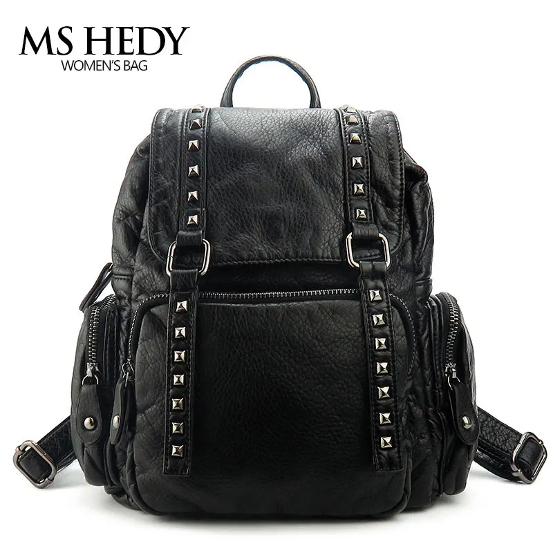 MS HEDY Mini Rivet Vintage Backpack Women Black Back Packs Bag Female