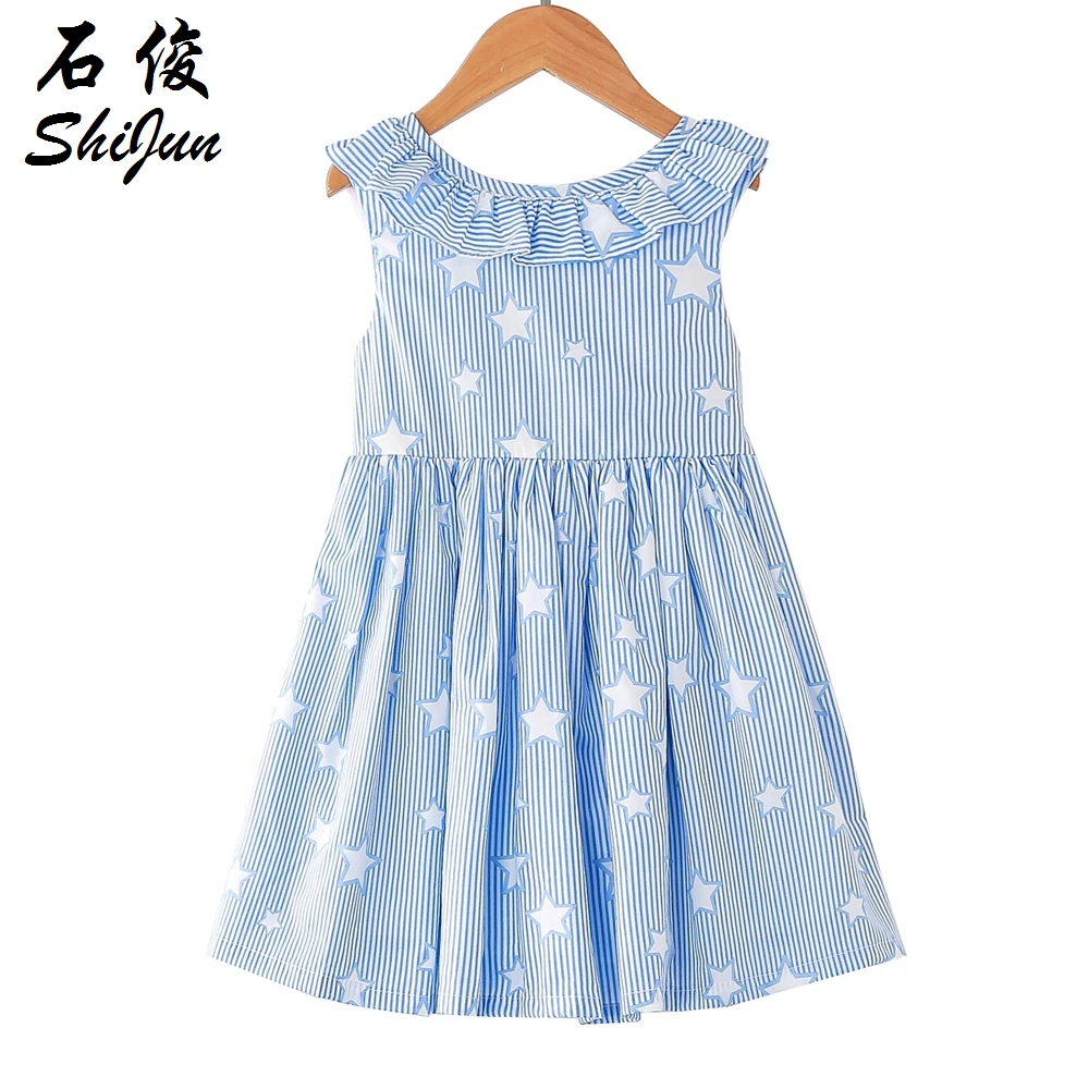 Shijun/2019 летнее платье для маленьких девочек в полоску с голубыми звездами и рюшами