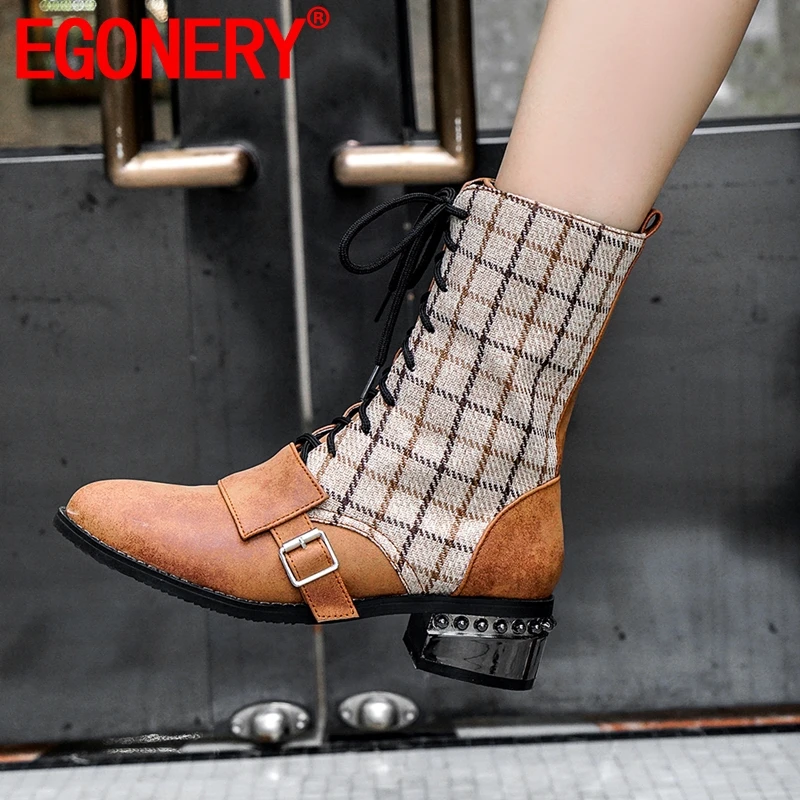 

EGONERY fashion women's boots striped plaid pattern 4cm low heel shoes mid-calf boots autumn winter plush Motorcycle Boots