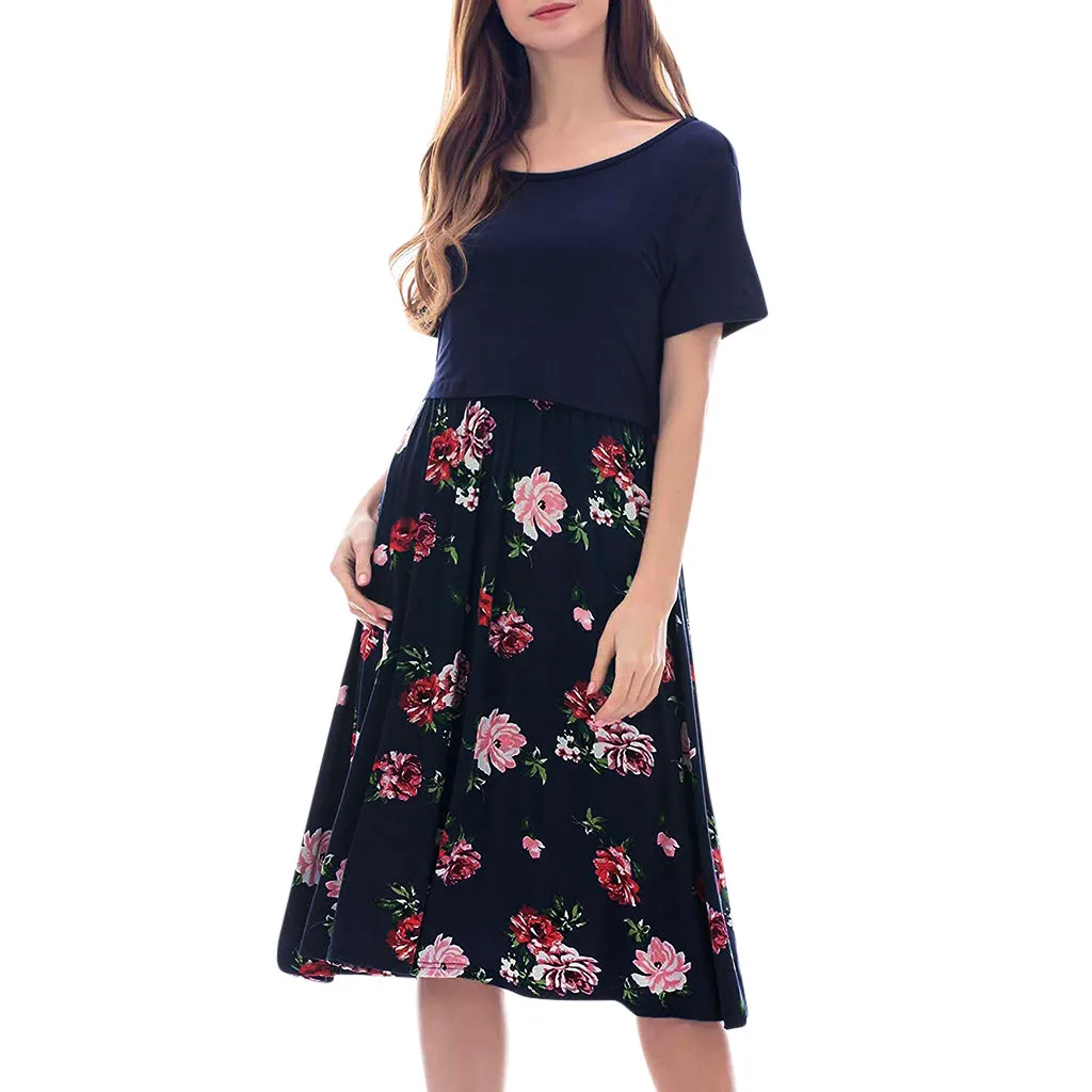 Для женщин беременности и родам платья летние Цветочный принт для грудного вскармливания элегантные Повседневное платье для беременных, для кормящих одежда торговой марки Vetement Femme 19May
