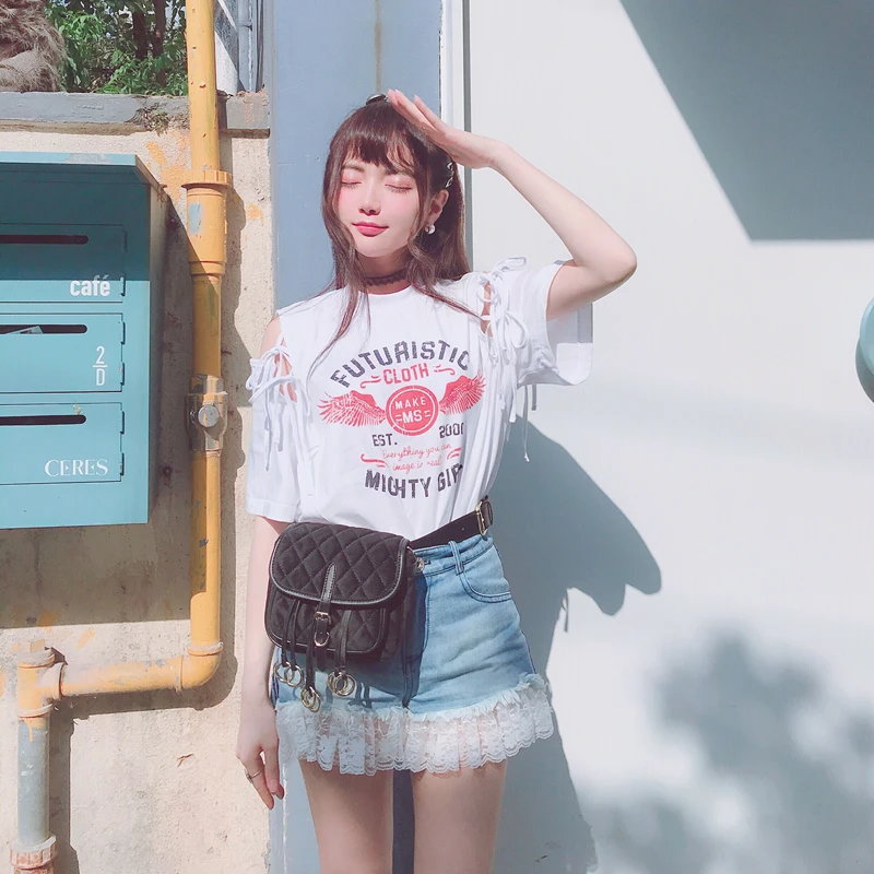 

Милые футболки принцессы Лолиты, летняя классная футболка с коротким рукавом и маленьким плечевым ремнем ins super fire, модная футболка T1636