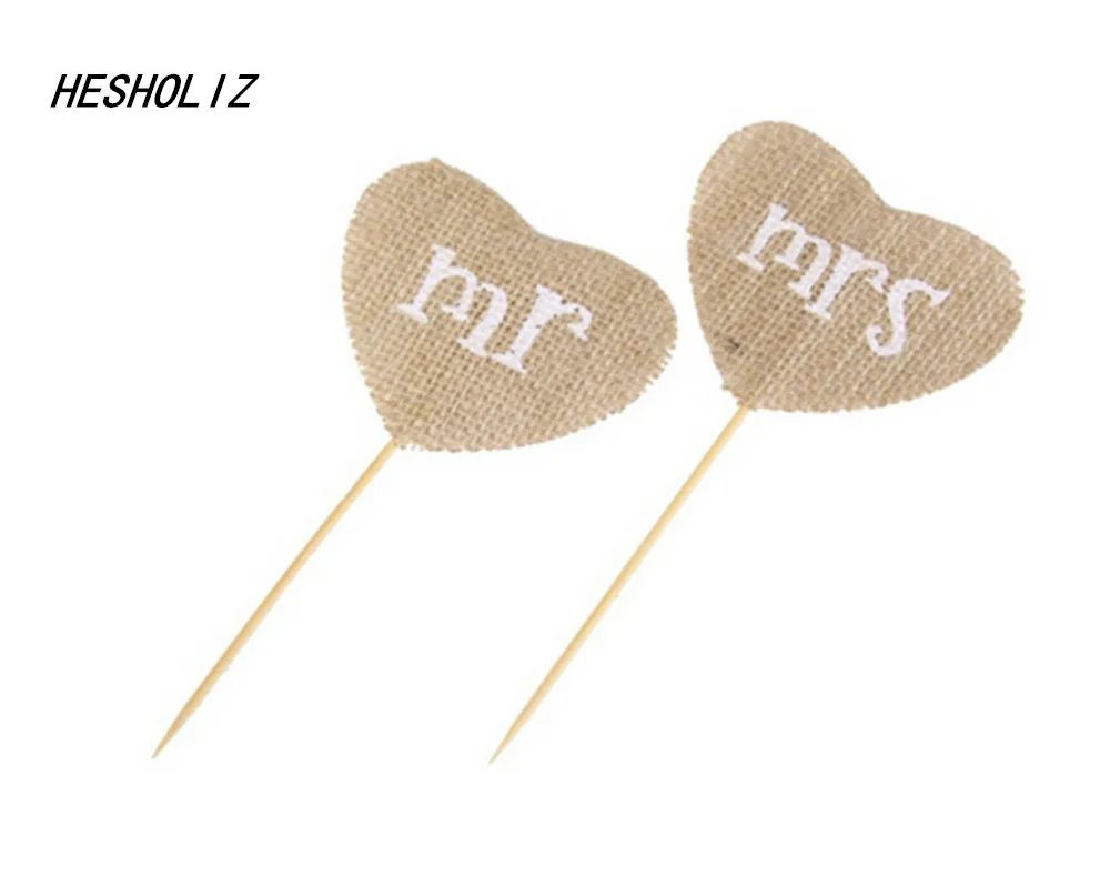 

2pcs(1 pair )Decoration Wedding Cupcake Toppers Burlap Heart Mr Mrs Cake Topper Rustic Wedding Party Food Picks