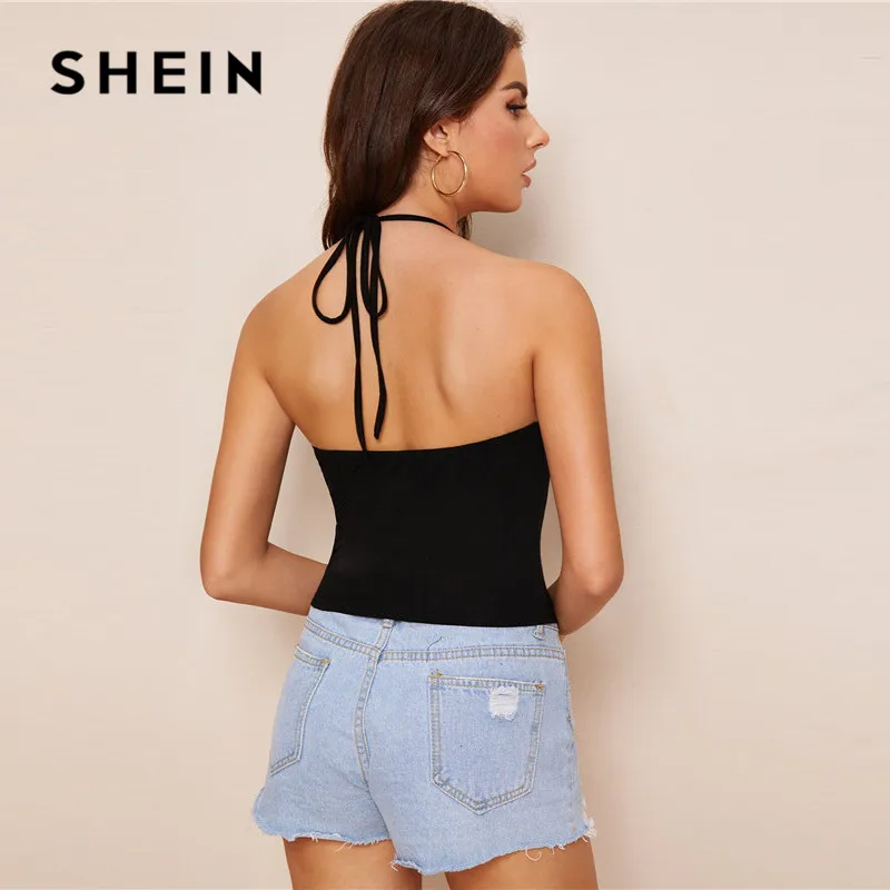 SHEIN عقدة عارية الذراعين إلكتروني طباعة الرسن أعلى ملابس حريمي 2019 صالح سليم بسط الصيف أعلى السيدات عارضة الأسود المحاصيل الأعلى