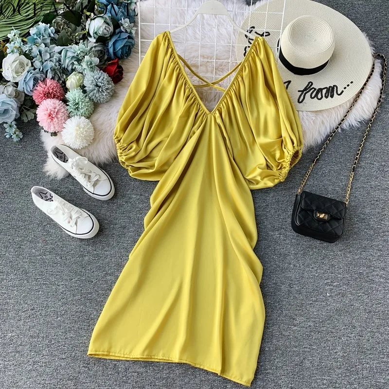 

OCEANLOVE Retro Solid Plated Fashion Vestidos Elegant Korean Puff Sleeve Women Dress 2019 Summer V-neck Midi Dresses 12361