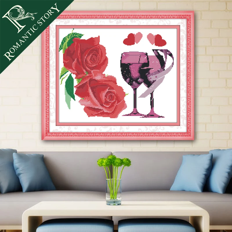 

Romantic Story Brand Needlework DIY Cross stitch Sets for Embroidery kit Rose Love Red Wine Cup Pattern Handwork Cross-stitch