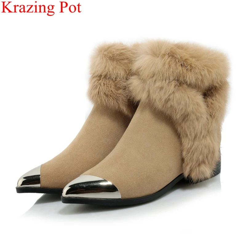 

2018 superstar zipper sweet pointed toe cow suede ankle boots elegant mujer snow boots office lady keep warm fur winter shoe L33