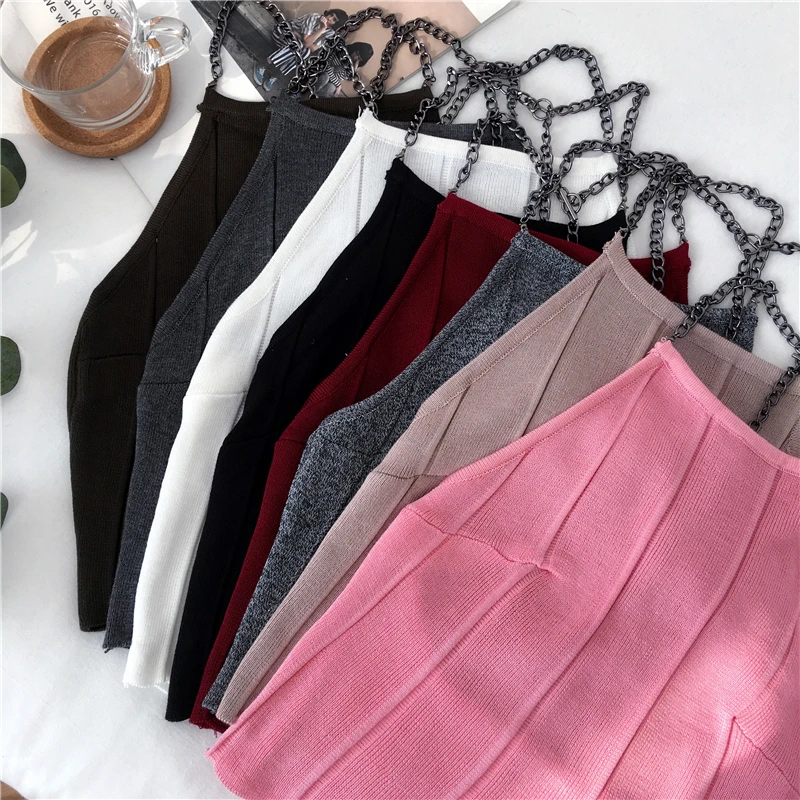 

Knit Camis Women Slim Knitting Halter Neck Camisole Tops Female Chain Straps Crop Tanks Tops Sleeveless Solid T shirts Tees
