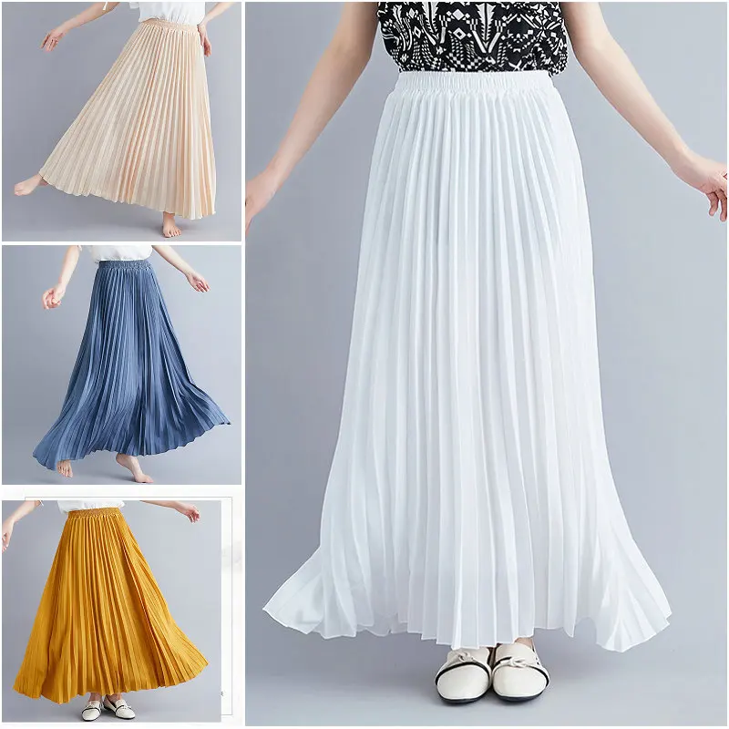 Корейская женская гофрирующая юбка винтажная Высокая талия Большой Подол Макси юбка однотонная женская длинная юбка плюс размер Новая мода 10 цветов