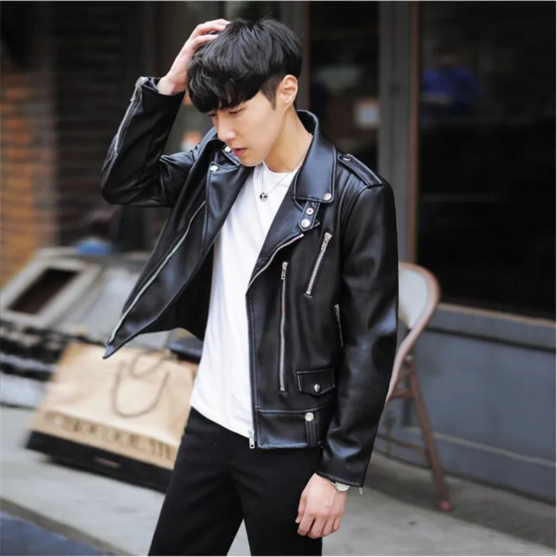 Новая модная куртка из искусственной кожи Весенняя брендовая мужская черная однотонная мужская куртка трендовая приталенная Молодежная мотоциклетная куртка A3078