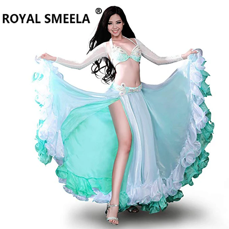 ROYAL SMEELA Belly Dance Costume Dress Bra Belt Skirt Top 4 Pieces Set Belly Dancing Flamenco Skirts Dresses Women Clothes Gypsy Long Sleeve Tops Bra Waistband Maxi Skirt Suit