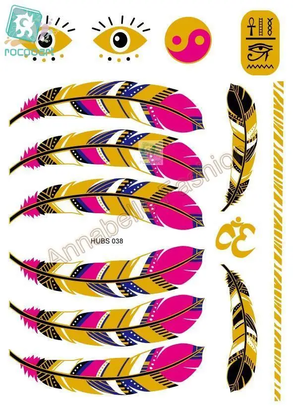 

Rocooart HUBS038 Golden Indian Tribe tatuagem Taty Body Art Temporary Tattoo Sticker Metallic Glitter Rose Feather Tatoo Sticker