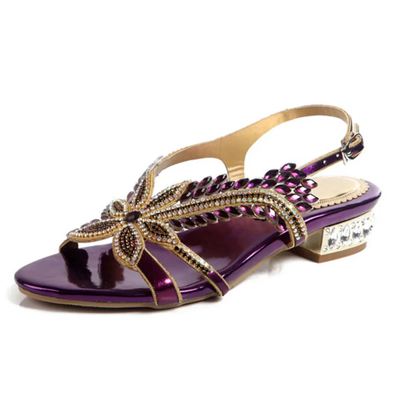 TIMETANG/женские босоножки золотистого цвета со стразами на низком каблуке; Летняя обувь; сандалии для вечеринок с ремешком на щиколотке; Цвет черный, фиолетовый; большие размеры 43, 44 - Цвет: Фиолетовый