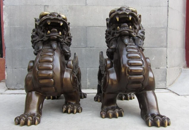 SCY высоком 10 ''Китай Королевский Медь бронза фэн-шуй зло Дверь Foo Dog Fly Лев Kylin