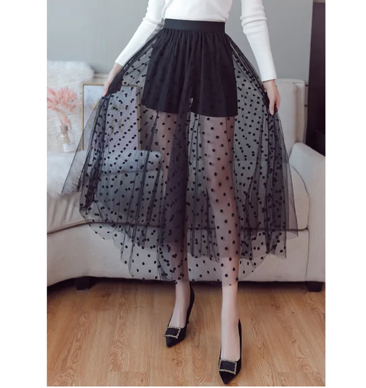 Fashion Women Skirt Black Wave Point Net Yarn Skirt For Women High
