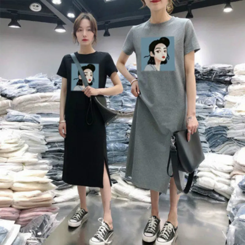 

Milinsus Printed Women Solid Color Simple Dress Loose Short Sleeve Mid-length Casual Korean Bottoming Dresses Womens Summer 2019