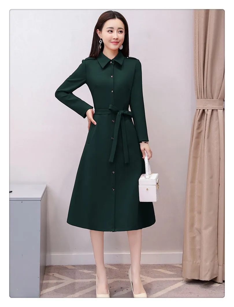2018 New Spring Autumn Fashion Women Long Sleeve Office Work Slim A-Line Dress Sashes Pocket Turn-down Collar Midi Dresses Dresses