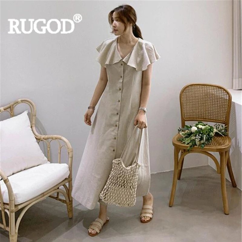 

RUGOD Women solid long dress ruffled sleeveless single-breasted slim elegant 2019 new summer fashion female korean ladies robe