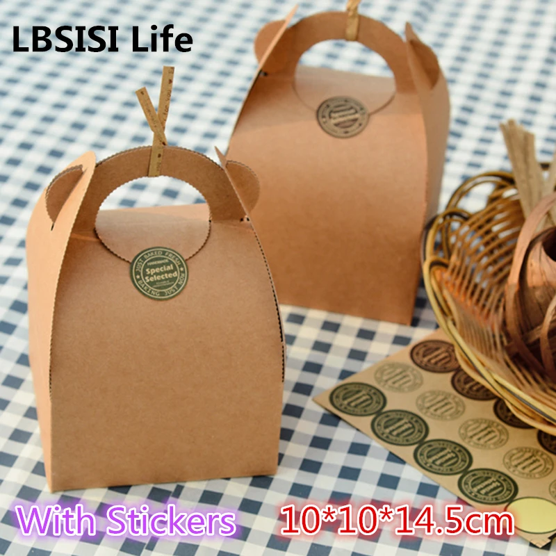 

100pcs Cake Food Kraft Paper Box With Handle Boxes Christmas Birthday Wedding Party Candy Gift Packing With Sticker 10*10*14.5cm