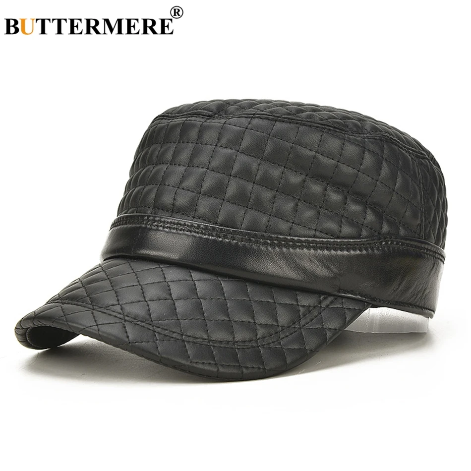 

BUTTERMERE Military Hats Leather Men Flat Caps Black Genuine Leather Adjustable Army Cap Navy Male Spring Autumn Sailor Hat 2019