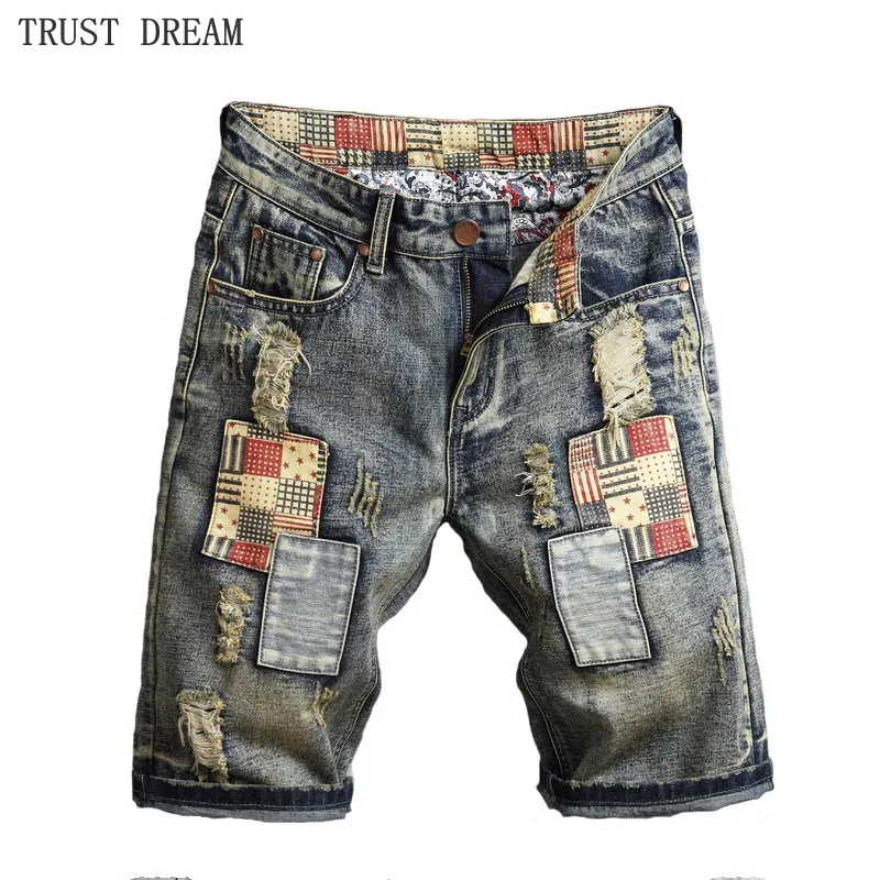 Summer Europeans Style Men Fashion Patchwork Beggar Slim Denim Short Vintage Ripped Hole Man Personal Causal Special Jeans Short