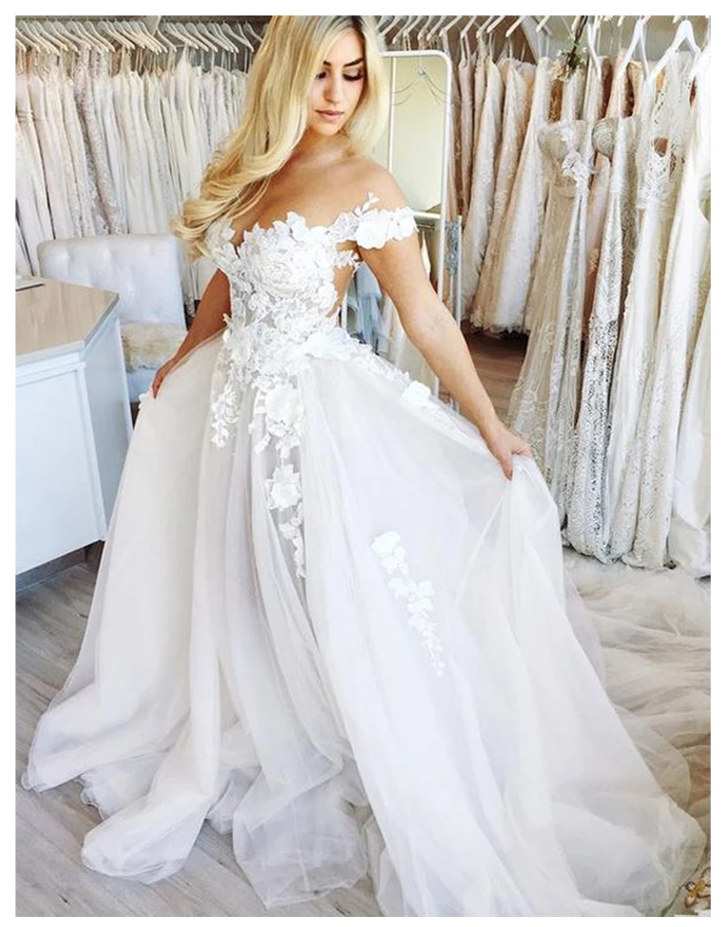 

SOFUGE Boho Informal Wedding Dress 2019 Appliqued with Flowers Elegant Tulle A-Line Sexy Backless Beach Bride Dress Wedding Gown
