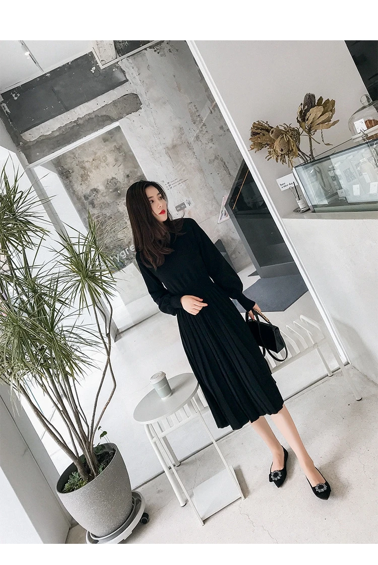 Winter Autumn Female Elegant Long Sleeve Girl Slim Dresses Vintage A-line Pleated Knitwear Knitted Sweater Dress for Women