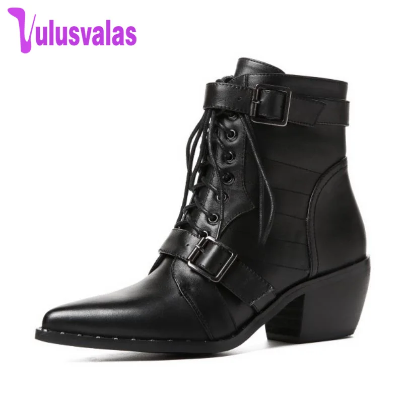 

VulusValas Women Ankle Boots Genuine Leather Shoes Woman High Heel Boost Winter Buckle Punk Shoes Gothic Footwear Size 34-42