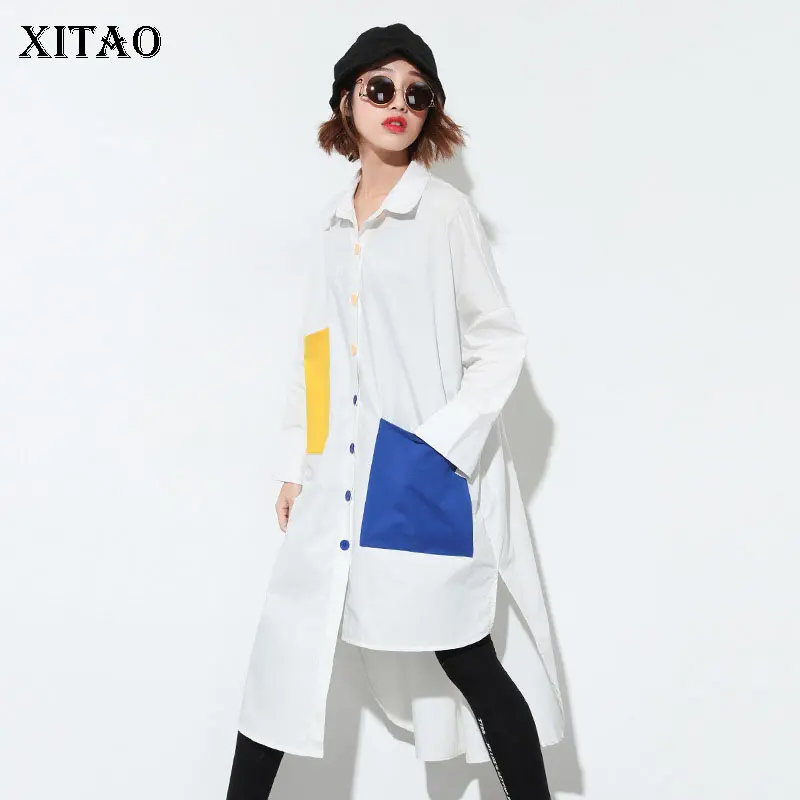 

[XITAO] 2018 New Summer Korea Fashion Women Contrast Color Pockets Single Breasted Full Sleeve Irregular Long Shirts KZH1333