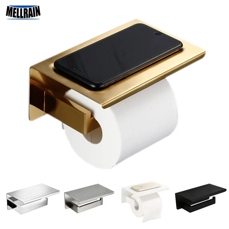 

Brushed Gold SUS304 Toilet Paper Holder With Shelf Bathroom Hardware Accessories Tissue Holder Black / Chrome / White Color