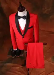 Красный Жених Смокинги друзей жениха шаль воротник для мужчин Свадебный Блейзер ужин Пром костюмы человек Homme (куртка + брюки для девочек