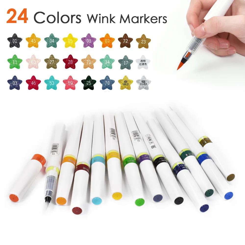 

12/24 color Marker For Drawing Pen Set Student School Art Marker Wink Glitter Soft Brush Pen