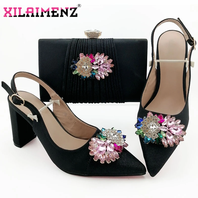 

Black High Quality Woman Luxury Crystal Shoes And Purse Set For Party Italian Rhinestone High Heels Wedding Shoes And Bag Set