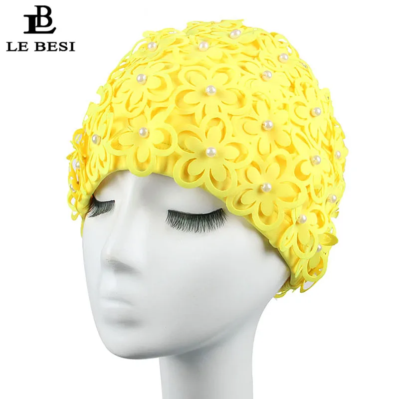 

LEBESI 2017 New Colorful Women's Swimming Cap Cover Ear Flower Swim Pool Hat Elastic Swim Cap Plus Size Bathing Cap