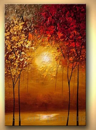 HandPainted Modern Contemporary Abstract Blooming Tree Picture Handmade Wall Art Sunset Forest Palette Knife Canvas Oil Painting
